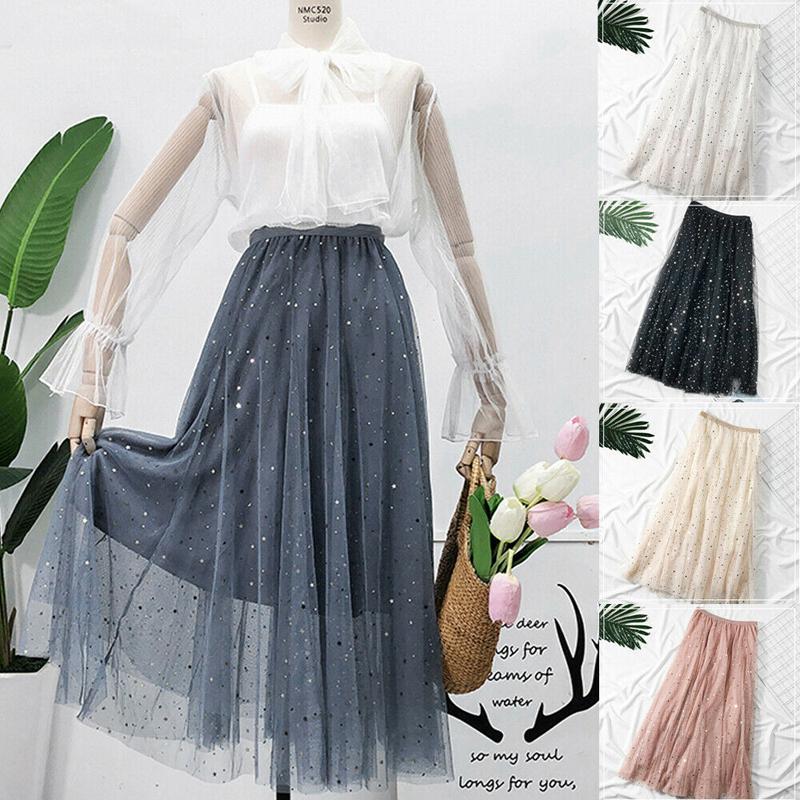 

Skirts 2021 Fashion Women High Waist Pleated Skirt Long Swing Mesh Star Shinny Tulle 5 Colors, Black