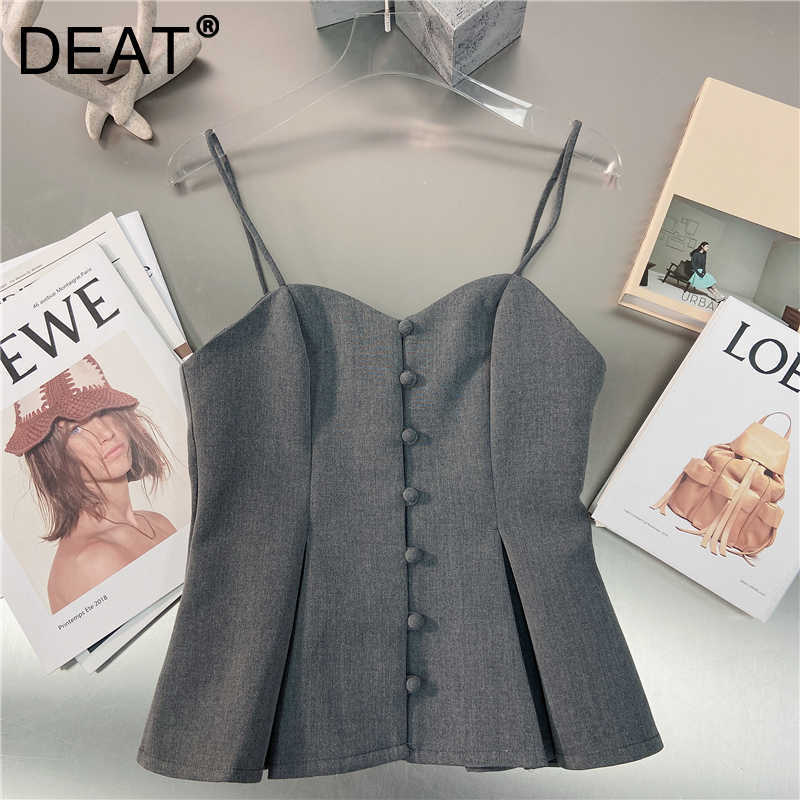 

DEAT Women Gray Sling Backless Ruffles Slim Camis Arrivals Sexy Temperament Fashion Spring Summer 11D972 210709