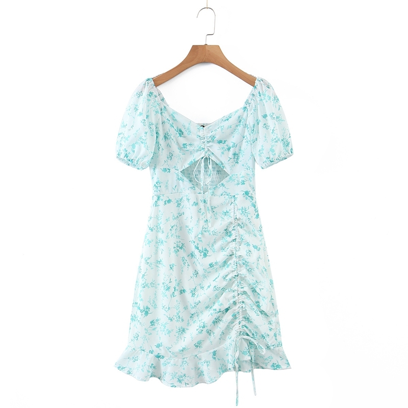 

Summer Women Vacation Dress Becah Short Sleeve Bodycon Hollow Out Pleated Ruffles Square Collar Mini Floral 210525, Sky blue