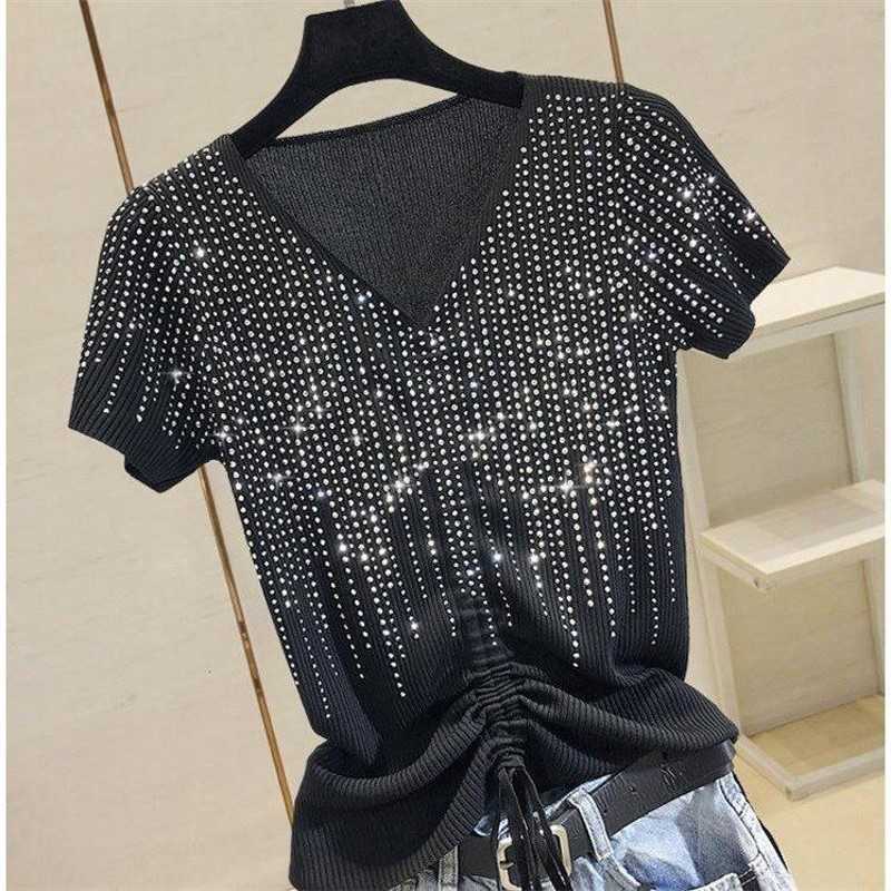 

diamonds Tassel Summer Women Tops Fashion Heavy Diamonds Tees Chic V-Neck Short Sleeve T Shirts 210601, Black