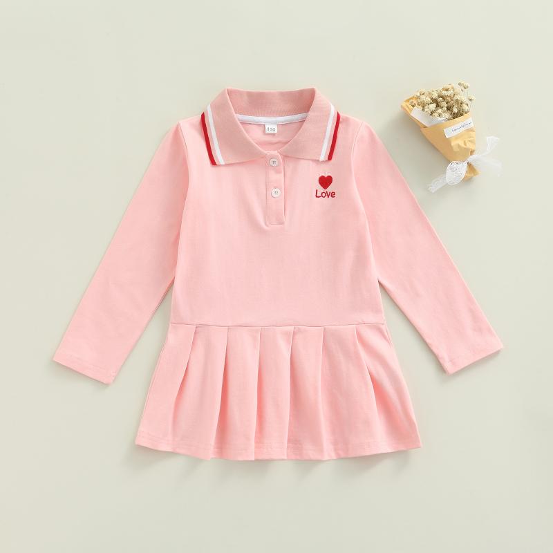 

Girl's Dresses Fashion Children Kid Girls Dress Embroidered Heart Pattern Long Sleeve Lapel Fall Toddler Girl Clothing, As pic