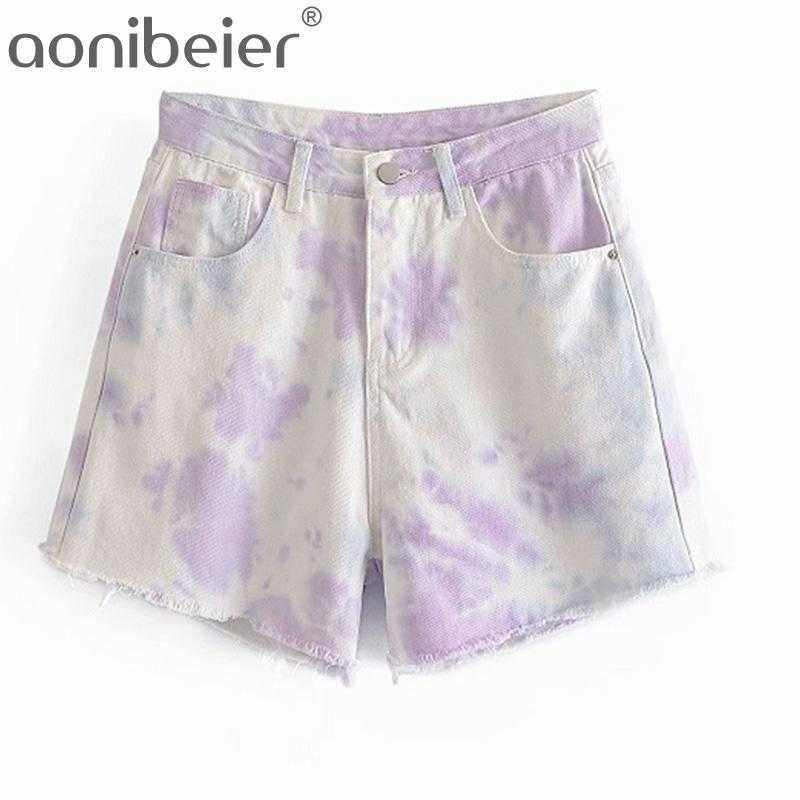 

Tie Dye Print Denim Shorts Spring Summer Chic Raw Hem Casual Women Female High Waist Straight Bottoms 210604