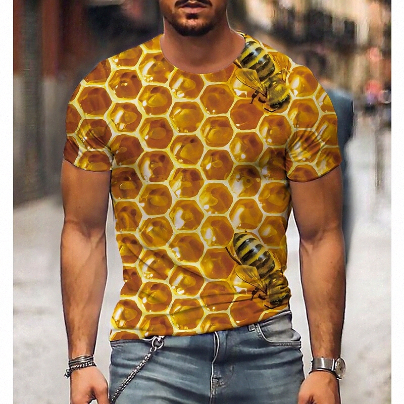 Men's Holiday Tee T shirt 3D Print Graphic Bee Plus Size Print Short Sleeve Tops Streetwear Punk & Gothic Round Neck Blue Yellow / Club o6dT