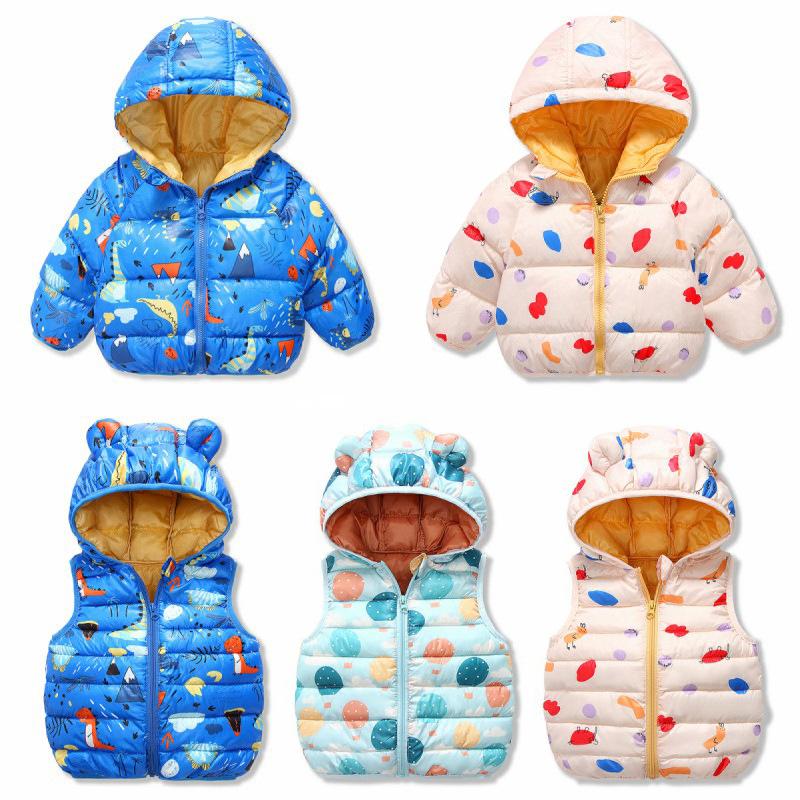 

Down Coat 2021 Winter Children's Printed Hooded Jacket For Boys And Girls Cartoon Lightweight Zipper, Blue;gray