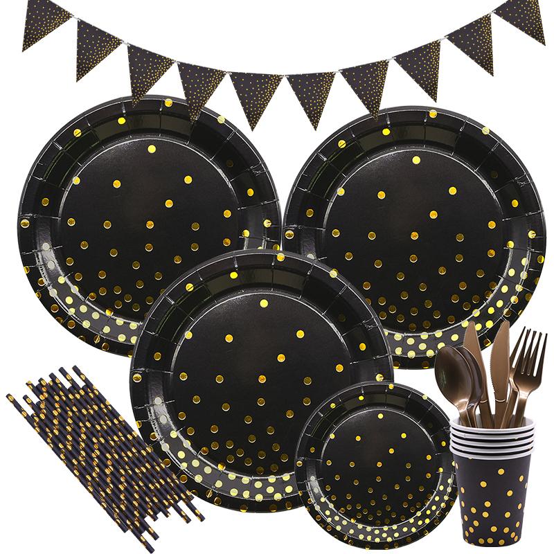 

Black Gold Tableware Party Disposable Supplies Birthday Decorations Adult Plates,cups,napkins Dinnerware