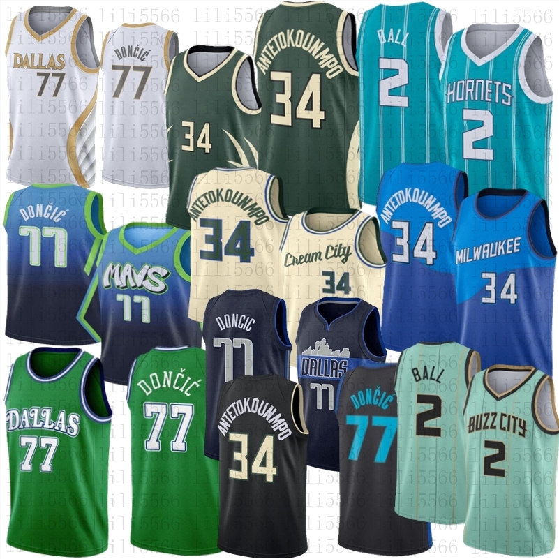 

Stitched Mens Luka 77 Doncic Giannis 34 Antetokounmpo Basketball Jersey LaMelo 2 Ball black Bule White jerseys, As