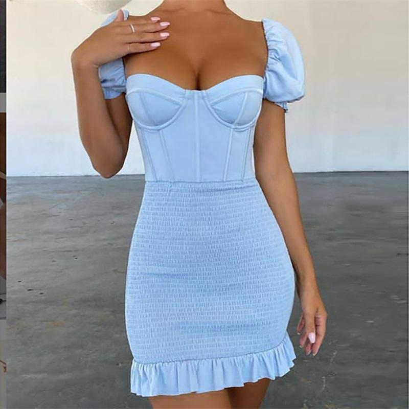

Sexy Strapless Women Dress Bodycon Puff Sleeve Ruched Nightclub Party Mini Dresses Backless Blue Beige Ladies Vestidos Casual