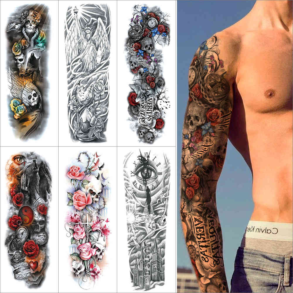 

Full arm temporary tattoo sticker Colorful Sticker Sleeve Fake Flash Flower tiger skull dragon Waterproof Tattoo