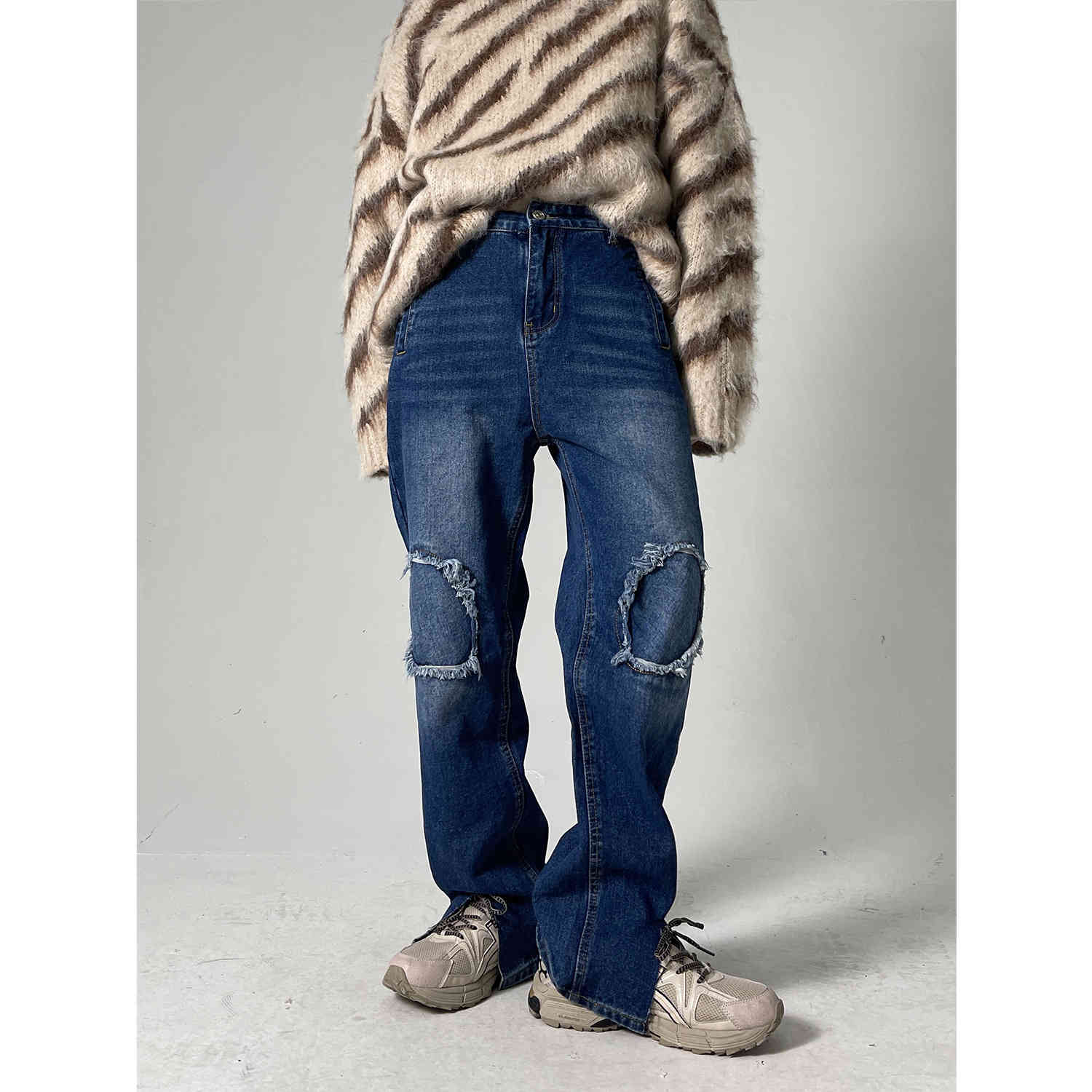 

men's jeans high street slit trouser legs blue women oversized straight loose denim trousers retro baggy pants streetwear v7be