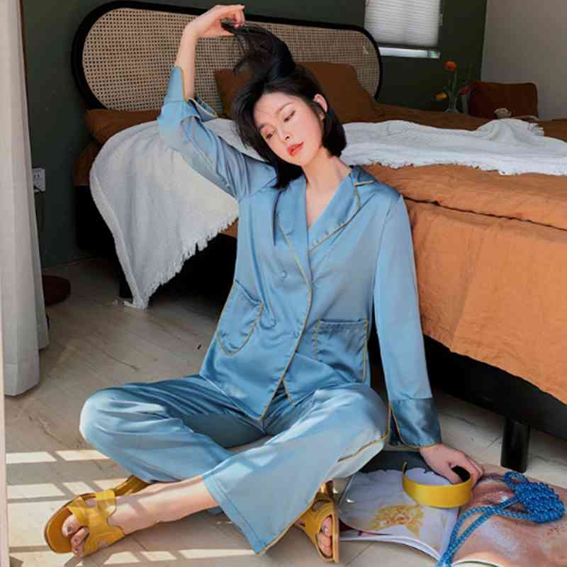 Women&#039;s Sleepwear High-grade Silk sleepwear pajamas women long sleeve autumn winter two piece set lapel fashion ladies nightwear p-image-699377646