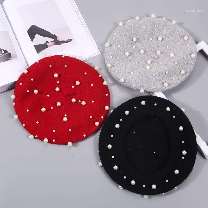 

Berets Women Pearl Beret Hats Autumn Winter Retro French Solid Color Cashmere Beanies Hat Warm Ladies Vintage Cap Accessories, White