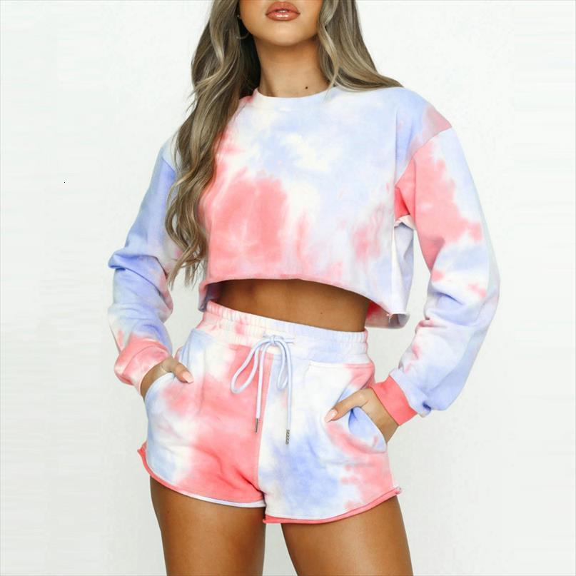 

fashion tie dye womens tracksuits long sleeve crop high waist shorts female plus two piece set summer clothing, Gray