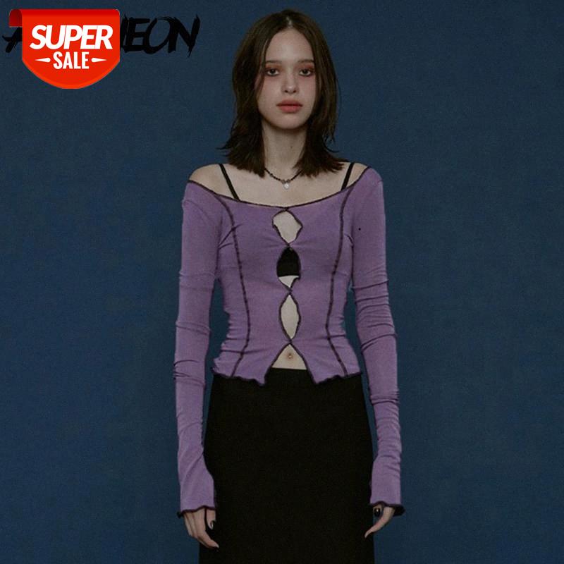 

2021 Summer Spring Pastel Goth Hollow Out Harajuku T-shirts Y2K Aesthetics Slash Neck Long Sleeve Tees E-girl Streetwear Vintage Outfi #PY2r, White