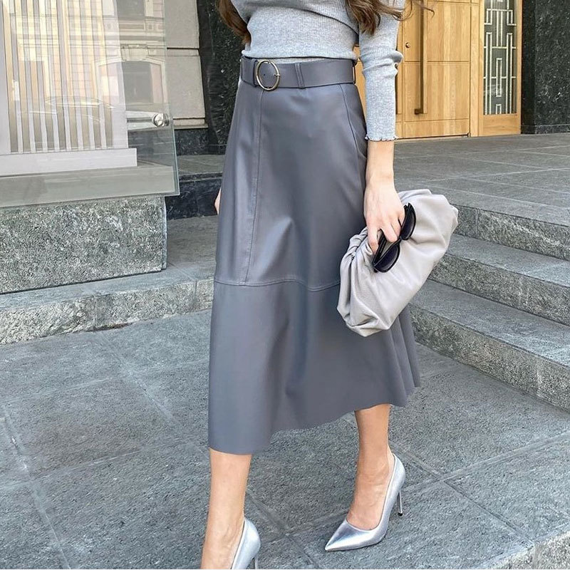 

Skirts Autumn Faux PU Leather Women' With Belt Black Patchwork High Waist Female Long Skirt Trend A-line Ladies Bottoms U0B4, Khaki
