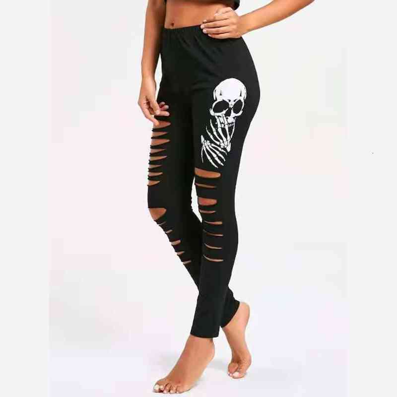 

gothic skull print casual womens legging pants high waist lace up hollow out fitness leggings sweatpants punk streetwear trousers, Black