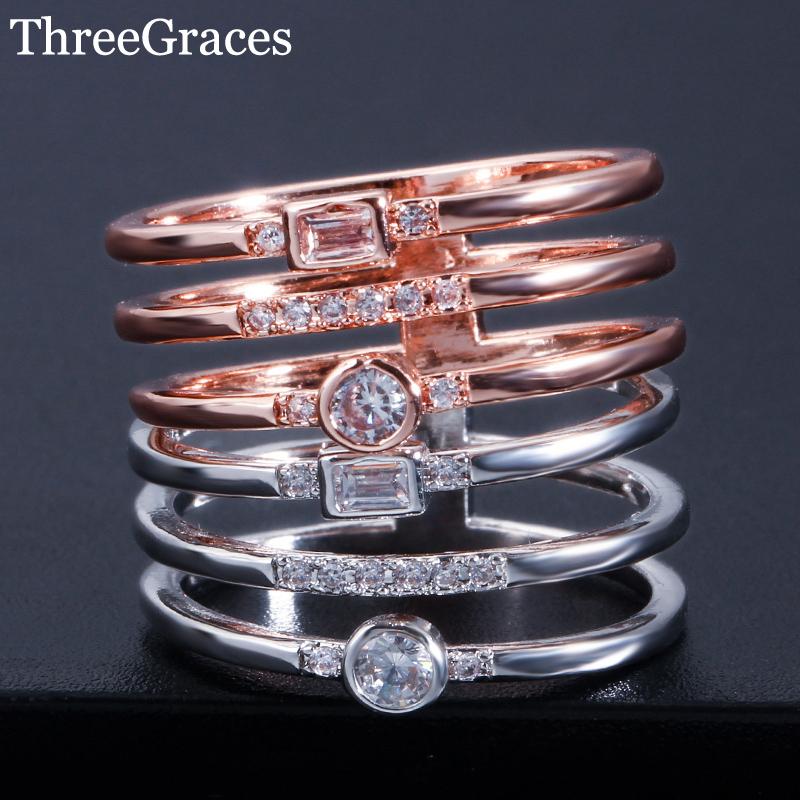

Cluster Rings Threegrace Unique Hollow Design Big Rose Gold And Silver Color Women Cubic Zircon For Party Jewelry RG080
