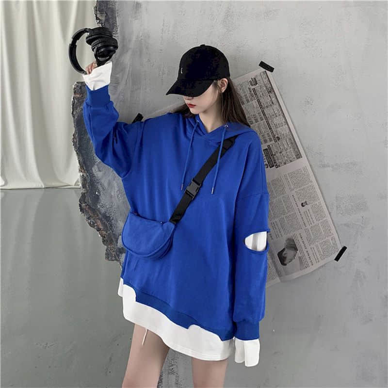 

women's hoodies & sweatshirts hooded sweatshirt, autumn , korean style, fried street, women's blouse with a loose hole, two coats, Black