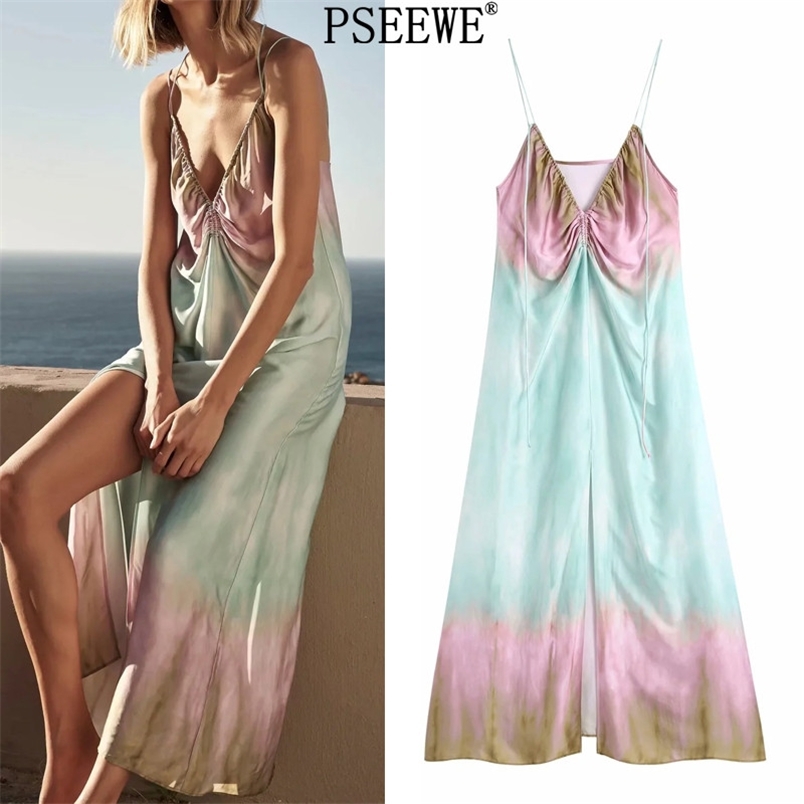 

Tie Dye Long Dresses Summer Woman Ruched Spaghetti Strap Midi Dress Women Hem Vents Holiday Beach Party 210519