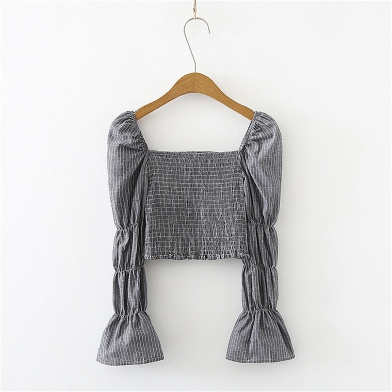

Square Collar Striped Pleated Lantern Sleeves Chic All Match High Quality Fashion Women Slim Sweet Blouses 210525, Grey