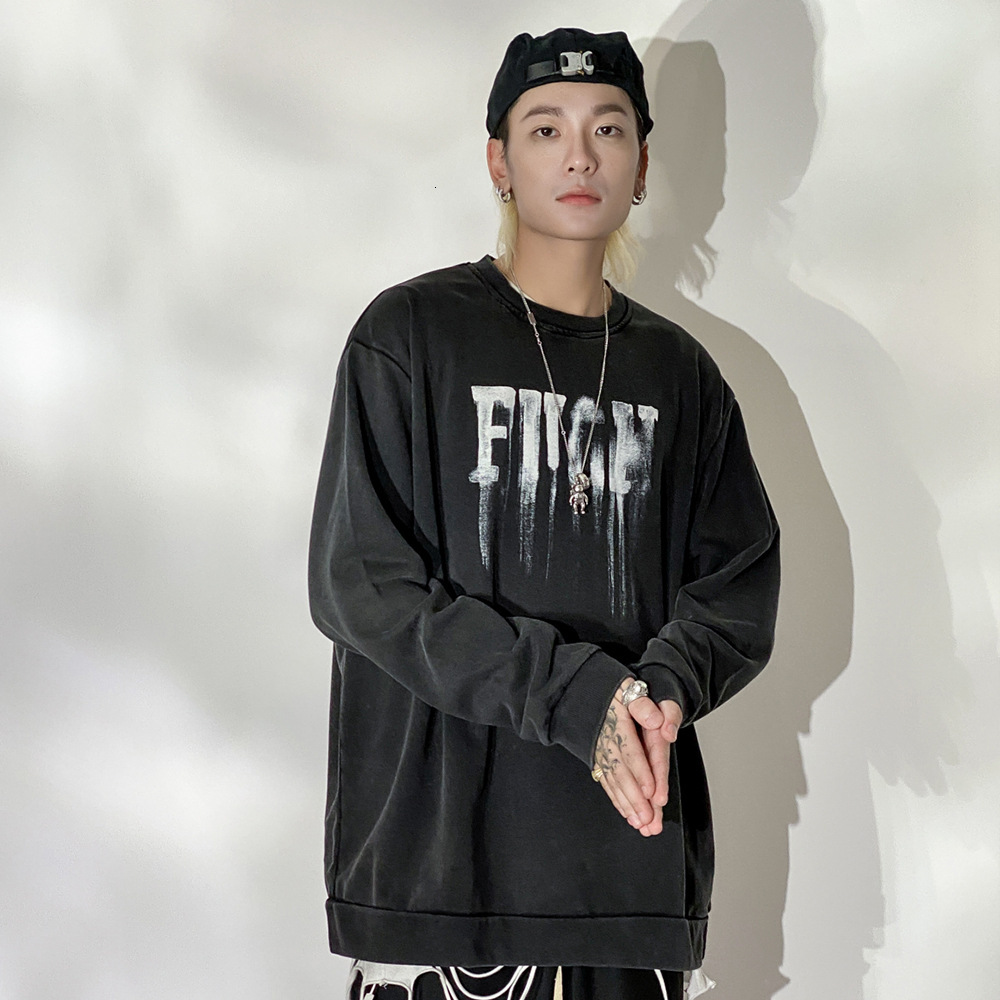 

Sweatshirts Dark black alphabet printed round neck sweater mens wash make old loose long sleeve BF languid fashion brand Pullover Hoodie