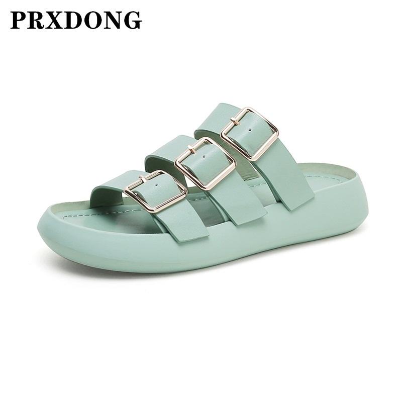 

Sandals 2021 Summer Shoes Genuine Leather Med Heels Platform Dress Casual Woman Black White Green Slippers Size 34-39