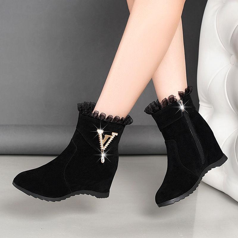 

Autumn And Winter The Wedges Velvet Inner Increase Women's Boots Wild Mid-heel Rhinestone Short Tube Martn, Black