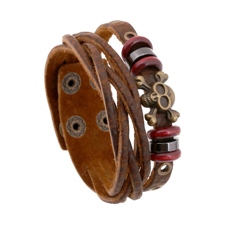 

Beaded, Strands Litchi Grain Cowhide Human Skeleton Head Weave Ancient Ways Leather Bracelet Original Single Retro, Black