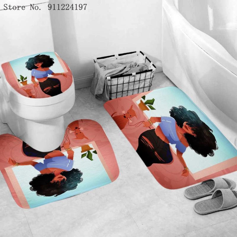 

African Women Printed Bathroom Mat Set Flannel Anti-Slip Kitchen Bath Carpet Toliet Rug Floor Mats Washable Accessory