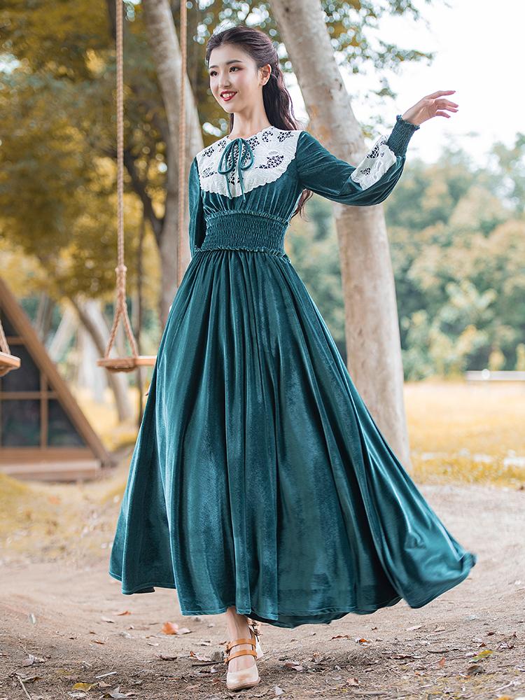 

Casual Dresses Boshow 2021 Fashion Women Long Maxi Lantern Sleeve Spring And Autumn Lace Velvet Patchwork Dress -L Big Hem, Green