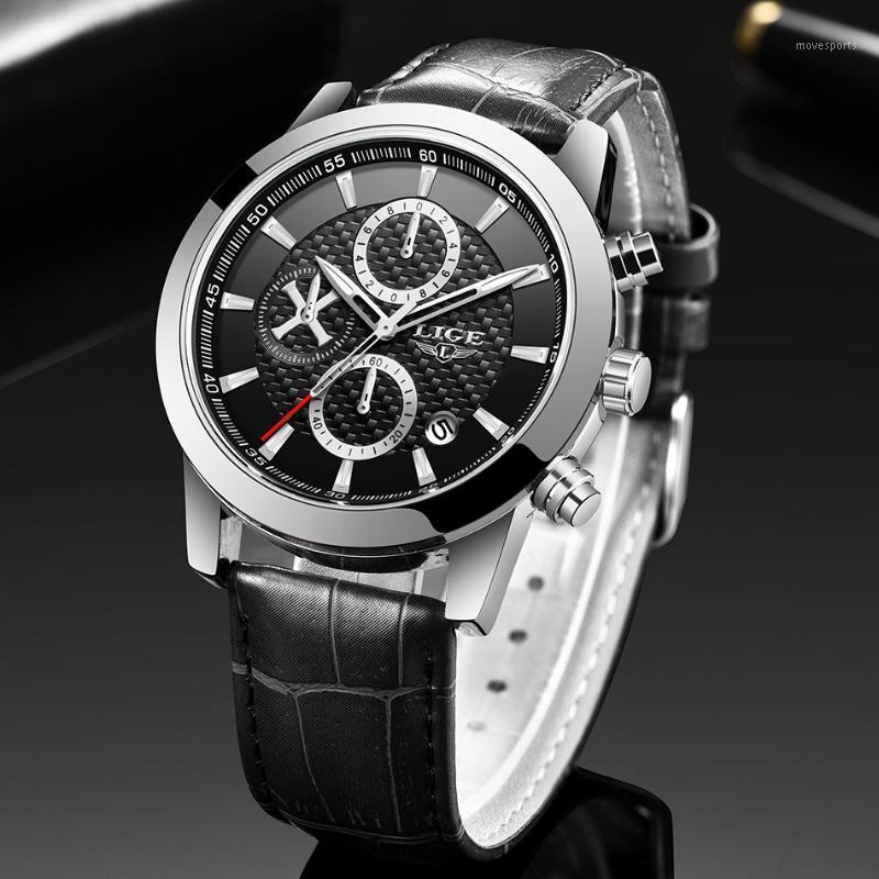 

Wristwatches LIGE Mens Watch Silver Black Leather Watches For Men Quartz Wrist Casual Sport Chronograph Waterproof ClocK Reloj Hombre, Silver white