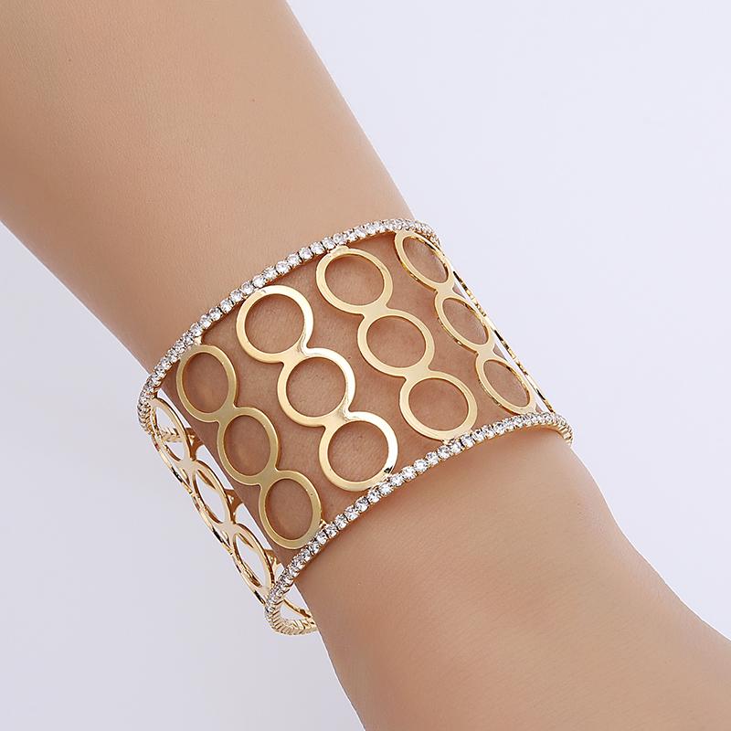 

Bangle Crystal Rhinestone Wide Gold Color Metal Women Fashion Big Bracelets