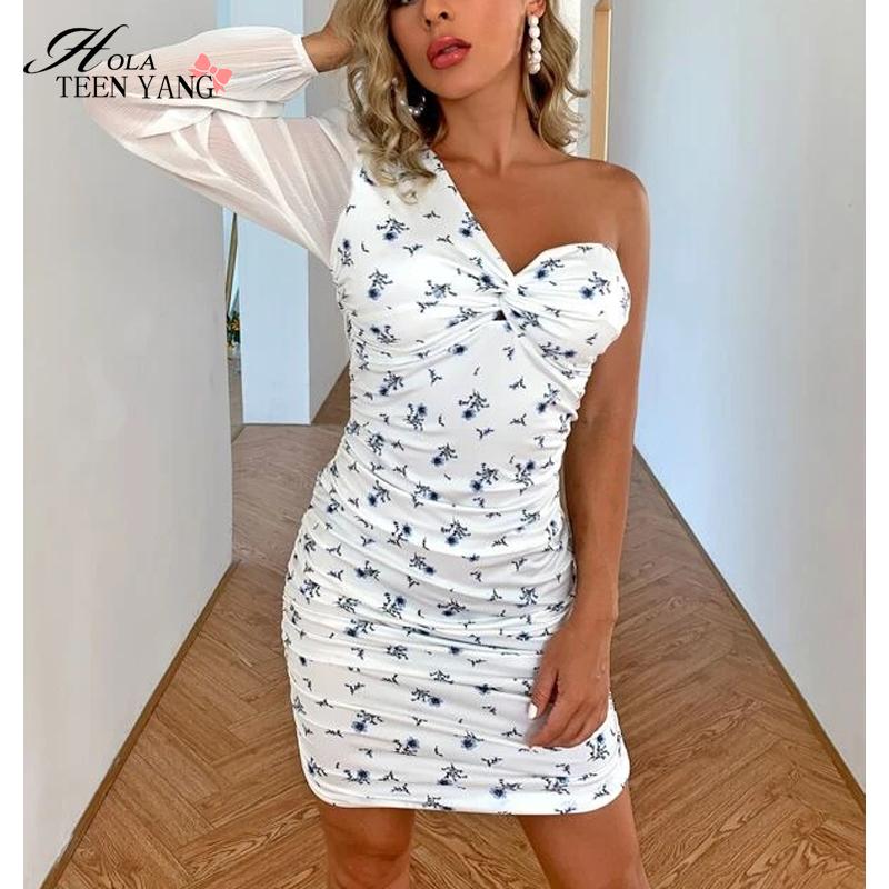 

Hola TeenYang One Shoulder Print Dress Women Asymmetrical Neck Mesh Long Sleeves Bodycon Backless Sexy Mini Vestidos Casual Dresses, Black;gray