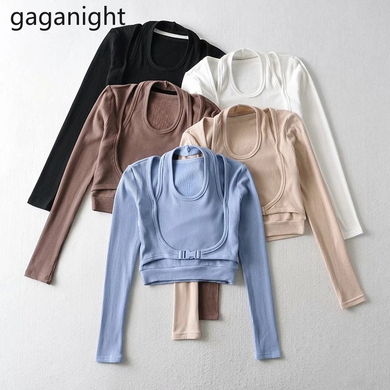 

Gaganight Women Sexy Bodycon T-Shirt Spring Women Long Sleeve O-neck Crop Top Halter Solid T Shirts Fake Two Piece Tee Tops 210519, White