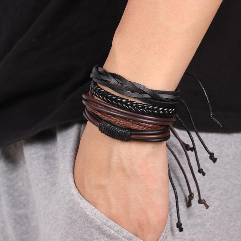 

Link, Chain Vintage Multilayer Leather Bracelet For Men Fashion Braided Handmade Rope Wrap Bead Charm Woven Bracelets Male Gift