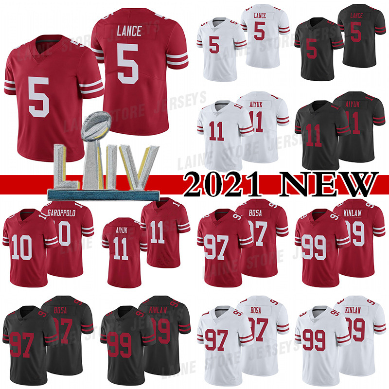 

5 Trey Lance 11 Brandon Aiyuk 97 Nick Bosa 99 Javon Kinlaw 10 Jimmy Garoppolo Men's Stitched SanFrancisco49ersFootball Jersey, White