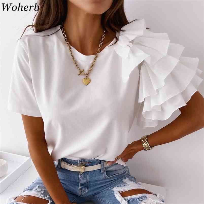 

Asymmetrical Ruffle Patch T-shirt Women Summer Short Sleeve Solid Tops Elegant Cute T Shirts Ladies All Match Tees 210519, Khaki