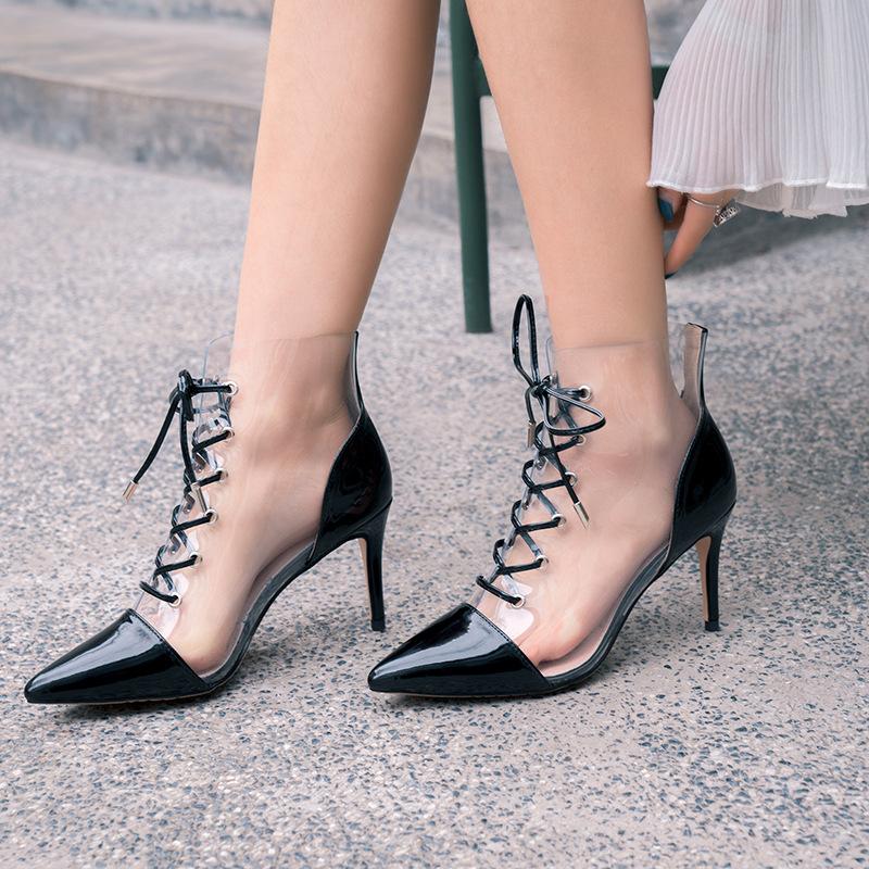 

Dress Shoes 2021 PVC Material Transparent Sandals For Woman With Cross Tied Lace Up In Pointed Toe High Heels Sexy Party Shoe Size 34-43, As pictures
