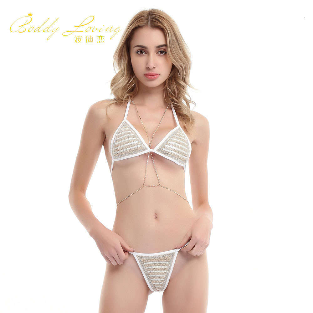 

Platform new sling bikini fun chain bra suit sexy temptation, Black;white