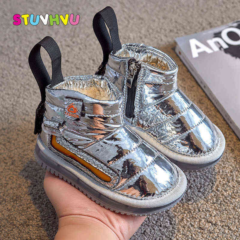 

Children Shoes Winter Girls Snow Boots Patent Leather Shiny Waterproof Boys Ankle Boots Plus Velvet Thick Warm Kids Cotton Shoes 211108, Silver