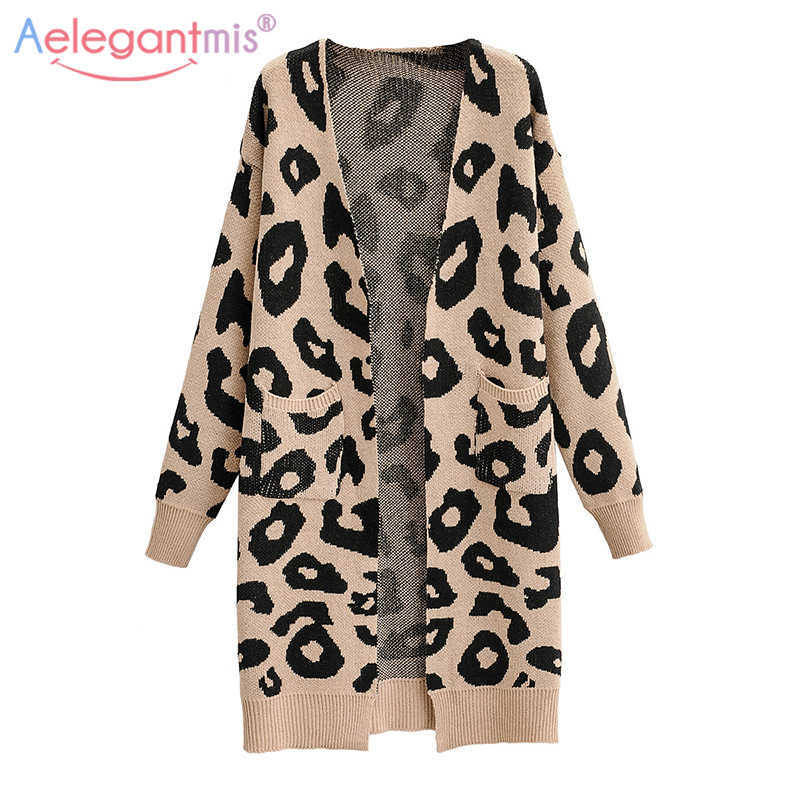 

Aelegantmis Oversized Long Leopard Cardigan Women Vintage V Neck Warm Knitted Sweater Coats Casual Loose Soft Jumpers Korean BF 210607, As shown