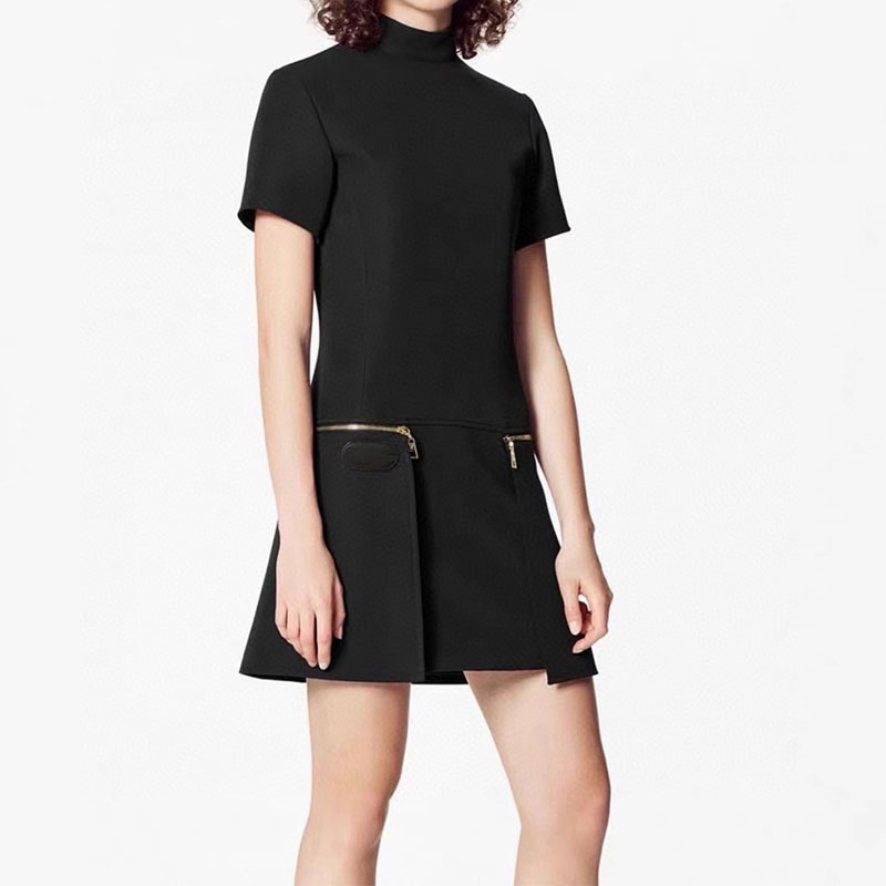 

Luxury Designer Clothes Woman Runways Dresses Cosmicchic 2021 Summer Women Black Mini Dress A-Line Short Sleeve Turtleneck Back, Black dress