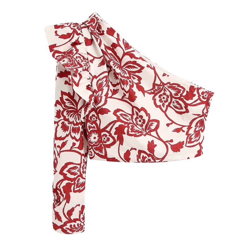 

Women Fashion Print Ruffled Short Blouses Vintage Asymmetric Neck One Sleeve Shirts Girls Casual Chic Tops 210520, As picture