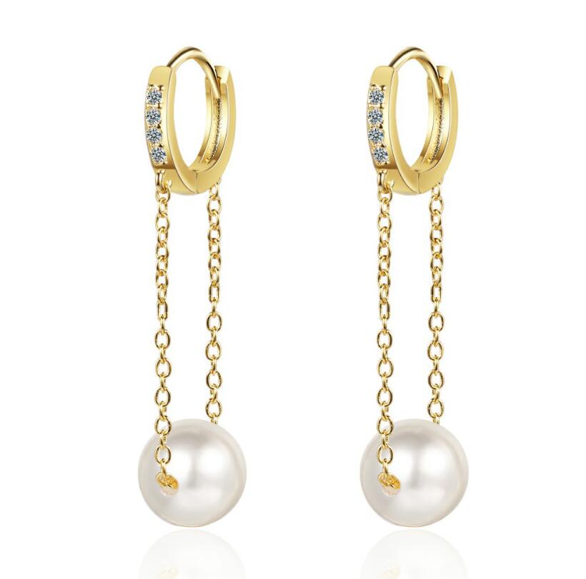 

Fashion Pearl Earrings White Gold Silver Color Dangle Earring Luxury Single Row Diamond Ear Buckle Chain Women Jewelry