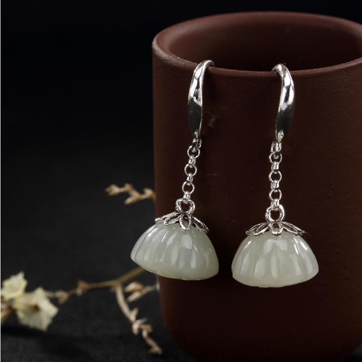 

Dangle & Chandelier Designer Original Silver Inlaid Hetian Jade Lotus Earrings Retro Elegance And Exquisite Charm Ladies Jewelry