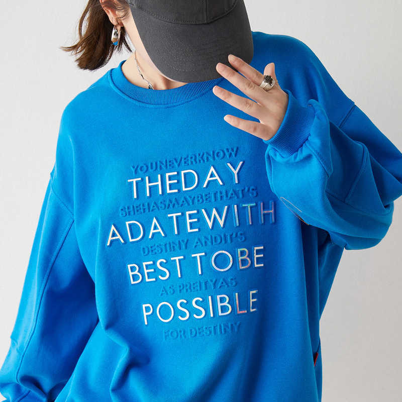 

2021 new casual top round neck color letter printed long sleeve sweater Korean cotton Pullover women's wear, White