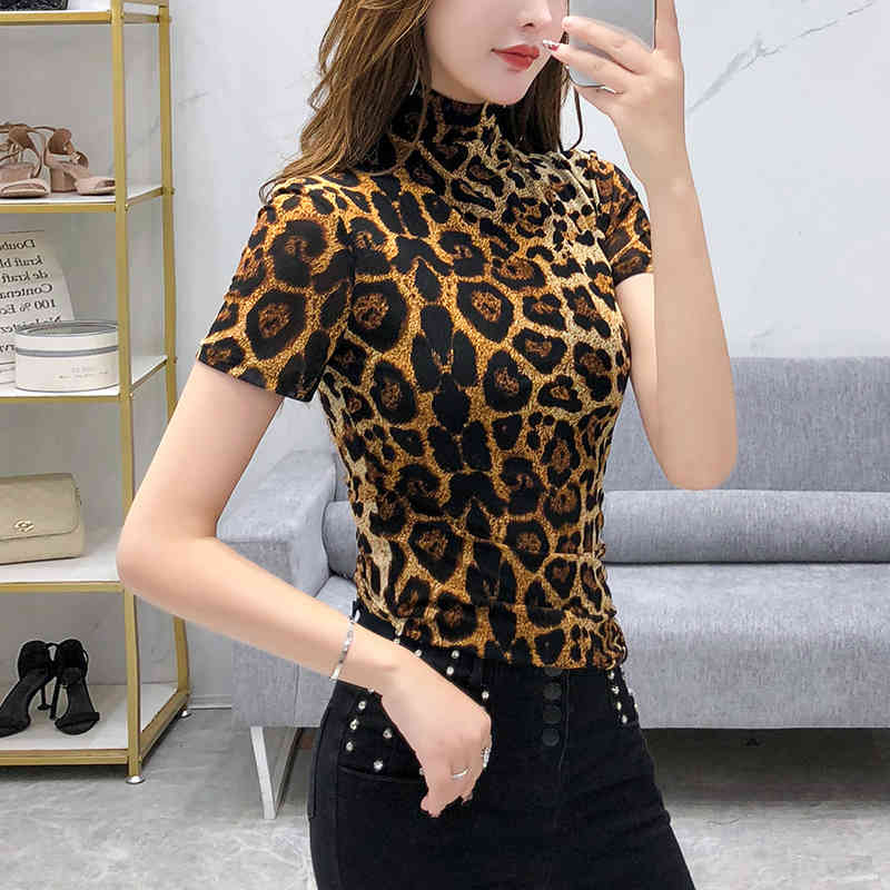 

Women' T-Shirt Summer European Clothes T-shirt Fashion Turtleneck Sexy Leopard Women Tops Ropa Mujer Cotton Short Sleeve Tees T03, Picture color tshirt