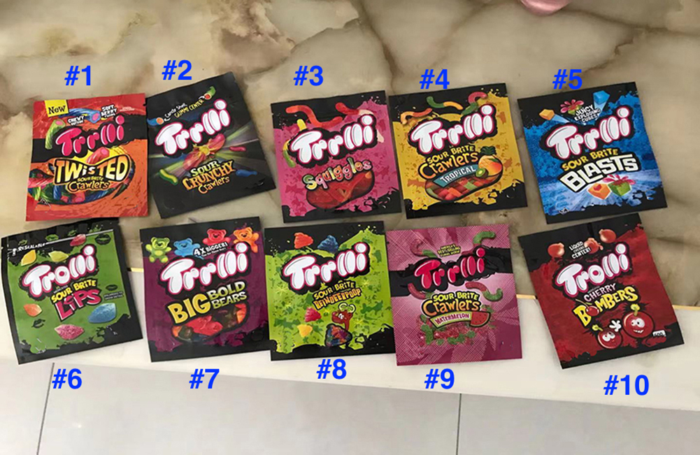 

50 Types Trrlli Trolli edibles Packaging Mylar Bag 710 Sours Edible Package Original Watermellon Sharks Peach Gummi Packages Bags Gas Head Zipper Lock