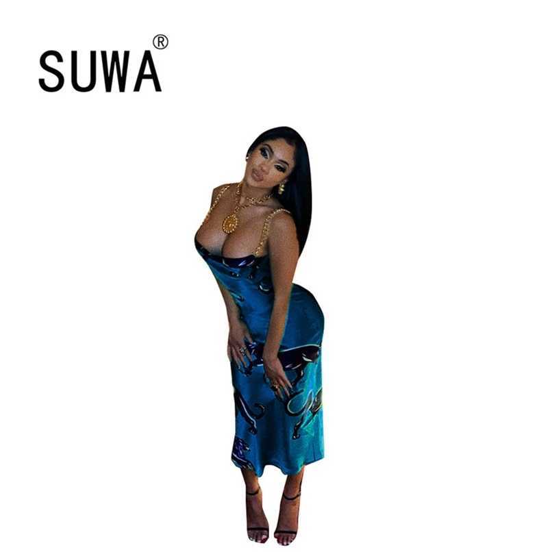 

Tie Dye Satin Summer Dress Drawstring Spaghetti Straps Cowl Neck Backless Long Dresses for Women Party Sexy Vestidos 210525, Blue