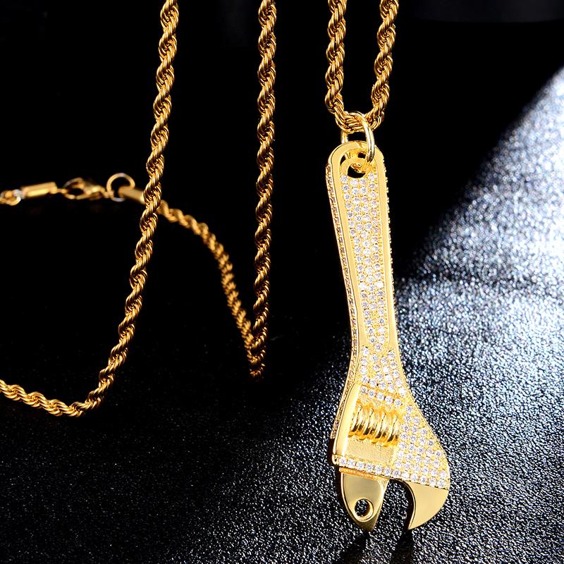 

Wrench Necklace Pendant For Men Copper Hip Hop Jewelry Gold Color Plated Iced Out Micro Pave Cubic Zircon Charm Women Chains, Silver