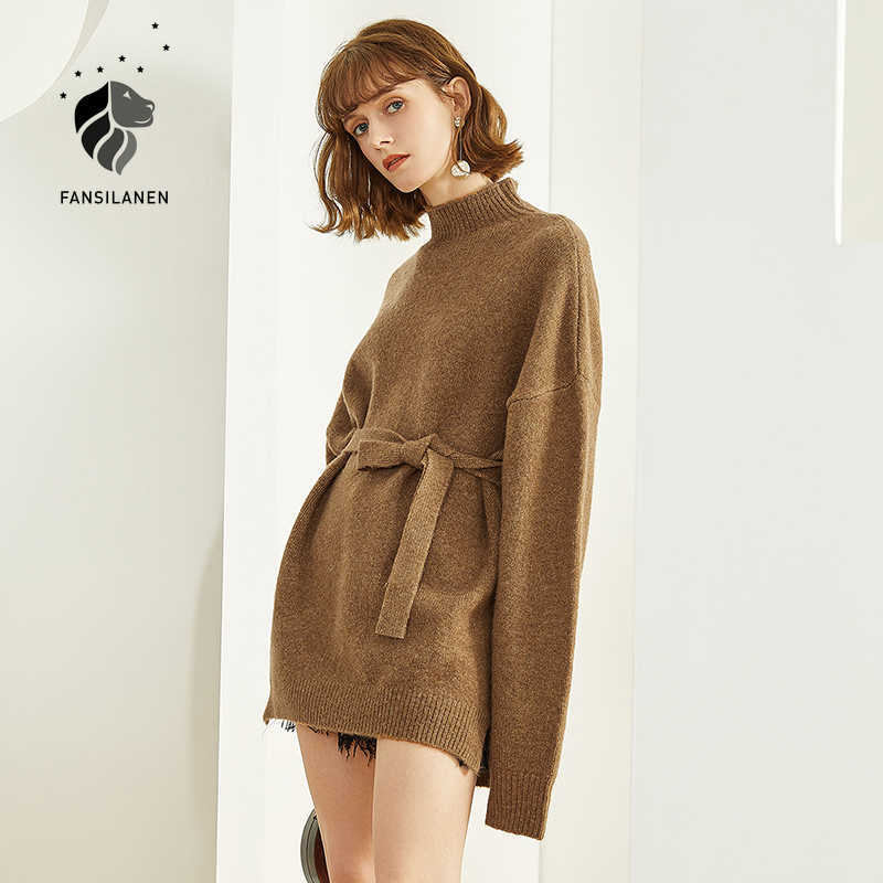

FANSILANEN Belt elegant long sleeve knitted sweater Women turtleneck oversized pullover Autumn winter vintage jumper female 210607, Brown